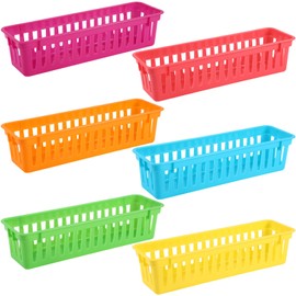 wlilupah 6 Pcs Colorful Slim Plastic Storage Baskets Tray 10 x 3 x 2.5 Inch Compact Stackable Desk Organizer for Office, Classroom, School Supplies, and Home Storage, Organization(Colorful)