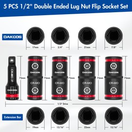 DAKCOS Lug Nut Impact Socket Set,Double Ended Thin Wall Wheel Socket Set with 3" Extension Bar, Metric 17-19 21-22 mm & SAE 3/4"-13/16", 7/8"-15/16", Cr-Mo Steel