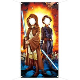 Galaxy Wars Backdrop 3 x 5.9 ft, Space Wars Face in Hole Backdrop, Lightsaber Swordsman Face Cutout Selfie Photo Prop, May The Force Be with You Photography Background for Boys Men