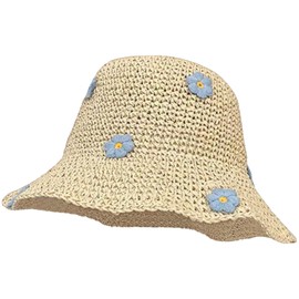 Busnos Straw Bucket Sun Hats for Women Cute Straw Visor Hats for Women Summer Flower Crochet Beach Bucket Hat Wide Brim Sun Hat Beige Packable Gifts Travel