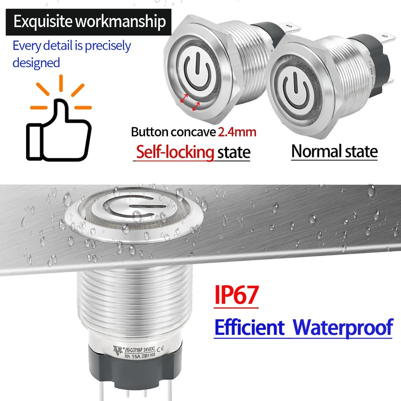 15Amp 19mm Latching Push Button Switch 12V DC 24V Waterproof
