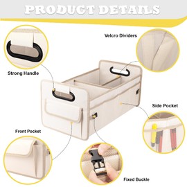 JiatuA Car Trunk Organizer, Car Organizers and Storage Collapsible Multi Compartment Container Box, Adjustable Car Accessories for SUV Sedan Truck, Large Size, Beige