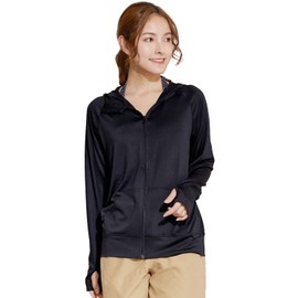 Lad Weather Women's Rash Guard, Cooling Material, UPF 50+, 98% UV Protection, Hoodie, Summer, Thin, Long Sleeves, Absorbent, Quick Drying, 4-Way Stretch Fabric, Salt Resistant, Black