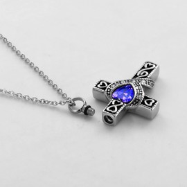 KunBead Jewelry September Birthstone Cross Urn Ashes Pendant Memorial Keepsake Crystal Necklace for Cremation Ashes into Necklace for Women Men