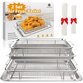 2 Set Air Fryer Basket，YEPATER 15.6“ x 11.6“ and 12.8“ x 9.6“ Stainless Steel Air Fryer Tray with 60 PCS Parchment Paper,Air Fryer Pan with Crisper Tray for Baking Fries,Bacon,Chicken