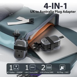 TOPREK UK to Australia Plug Adapter with 1.06M Lead, PD 38W Fast Charging with 2 USB-A and 1 USB-C Travel Adapter for Australia China New Zealand Fiji Argentina (Type I)