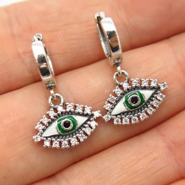 Sterling 925 Sterling Silver C Z & Enamel Evil Eye Dangling Hoop Earrings