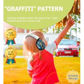 PROHEAR 032 Orejeras de protección para niños con bolsa de viaje, NRR 25dB Orejeras de bloqueo de ruido para Monster Trucks, Autismo, Estudiar, Defensas del oído de protección para niños pequeños adolescentes - Patrón de Graffiti