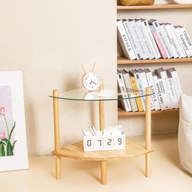 klotski 2 Tier End Table, Stylish and Versatile Side Table Nightstand with Glass Top for Home and Office, Perfect for Living Room Bedroom Meeting Room, Triangle+Burlywood