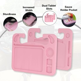 LoyaGour 4 in 1 Car Steering Wheel Tray with Dual Sauce Dip Holder and Tablet Holder,Car Table Food Trays for Eating,Driver Desk Fit Most Auto Vehicle Steering Wheels (Pink, Large)