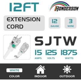 HONDERSON 12FT 12/3 Lighted Outdoor Extension Cord - 12 Gauge 3 Prong SJTW Heavy Duty White Extension Cable with 3 Prong Grounded Plug for Safety,UL Listed