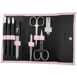 eloModa Solingen Leather Case Nail Care Set Manicure Case 8-Piece with Nail Scissors, pink