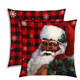 Nepnuser African American Christmas Throw Pillow Covers 18x18 Set of 2 Buffalo Plaid Black Santa Claus Winter Holiday Party Decoration for Bed Couch Sofa