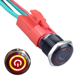 DMWD 16mm Heavy Duty Latching Metal Push Button Switch Waterproof 20Amp 12V-24V ON-Off 1NO 4 Pins with Pre-Wired Socket for 5/8" Mounting Hole with Power Symbol (Black Shell Red LED)