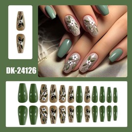 Medium Press On Nails Coffin Fake Nails Flower With Leaf Design Green False Nails Spring Acrylic Nails Artificial Glue On Nails Full Cover Floral Stick On Nails For Women Summer Manicure 24pcs
