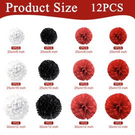 12 PCS Paper Pom Poms, Tissue Paper Pom Poms Flower Balls Birthday Baby Shower Wedding Festival Red White and Black Party Celling Wall Hanging Decorations