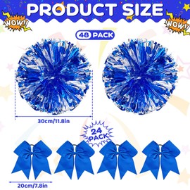Simgoing 72 Pcs 12" Cheerleading Pom Poms and Large Cheerleader Hair Bows Set Metallic Cheer Pompoms Cheerleading Accessories Cheer Stuff for Soccer Football Sport Events Team (Blue and Silver)