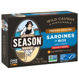 Season Brisling Sardines in Water - No Salt Added, Wild Caught, 13g of Protein, Keto Snacks, More Omega 3's Than Tuna, Kosher, High in Calcium, Canned Sardines, One Layer - 3.75 Oz Tins, 6-Pack