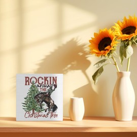 Western Cowboy Christmas Tree Wood Box Sign 5x5 Inch, Western Christmas Decor, Holiday Rodeo Cowboy Xmas Bauble Tree Wood Box Signs for Home Room Office Shelf Table Desk Decor