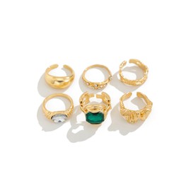 6Pcs Gold Statckable Layered Knuckle Rings for Women,Vintage Chunky Colorful Crystal Open Rings Set,Trendy Unique Finger Aesthetic Jewelry(Green,Green)