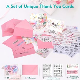 Thank You Cards Multipack Set of 50, Floral Design Thank You Notes with Envelopes for Teachers, Wedding, Baby Shower, Party