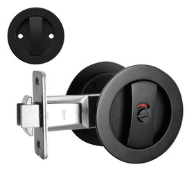 Round Pocket Door Lock with Color Coded Indicators, Matte Black Flush Pocket Door Hardware Privacy Pocket Door Latch for Bed/Study/Bath Room（Fits 1 3/8” to 2 3/16” Thickness Door, 2-3/8" Backset）
