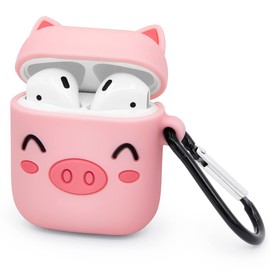 Megantree Cute Pig Airpods Case, Airpods 2 Case, Pink Piggy Funny 3D Cartoon Animals Full Protection Shockproof Soft Silicone Charging Case Cover Skin with Carabiner for Airpods 1st & 2nd Generation