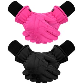 SATINIOR 2 Pairs Winter Kids Ski Gloves Windproof Snowboard Gloves Thermal Snow Warm Mittens for Kids Boys Girls Skiing Cycling Riding (Black, Rose, 4-7 Years)
