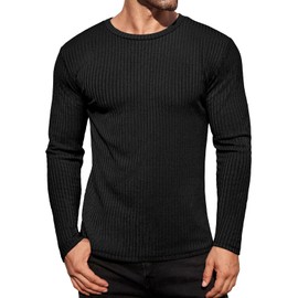 Ekouaer Men's Long Sleeve Shirts Ribbed Pullover Sweater Sim Fit Thermal Tops Crew Neck Stretchy Undershirts Black XXL