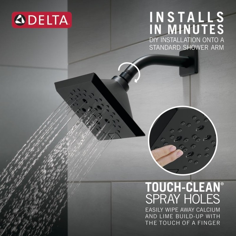 Delta Faucet 5-Spray H2Okinetic Raincan Shower Head, Black Showerhead, Square