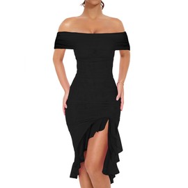 BORIFLORS Women's Sexy Off The Shoulder Bodycon Midi Dresses Elegant Ruched Ruffle Hem Cocktail Party Dress, Medium, Black