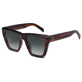 SOJOS Fashion Oversized Square Cat Eye Polarized Sunglasses for Women Trendy Cateye Style Womens Sunglasses SJ2179, Dark Brown Stripe Frame/Dark Green Grading Lens