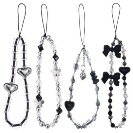 4 Pcs Black Goth Phone Charm 4 Styles Y2K Phone Strap Charms Beads Bedazzling Bear Cross Heart Silver Accessories Silver Beaded Anti-Theft Phones Chain String for Bag Keychain Camera Pendants Women