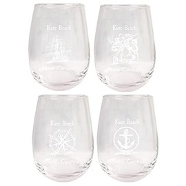 R and R Imports Kure Beach North Carolina Souvenir 9 Ounce Laser Engraved Stemless Wine Glass Nautical Designs 4-Pack