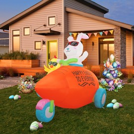 InfleasJoiy 8FT Bunny Driving Easter Inflatable Decoration with Built-in LED Lights for Holiday Celebration Decorations for Yards, Lawns and Patios