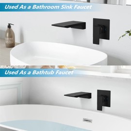 Aolemi Wall Mount Matte Black Bathroom Sink Faucet One Handle Single Hole Wide Waterfall Spout with Rough-in Valve Bathtub Basin Mixer Tap