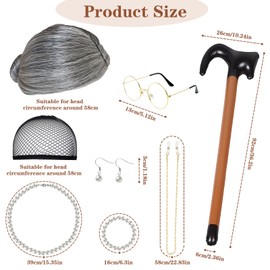 Pack of 8 Grandma Costume, Grandma Wig Grey, Grandma Glasses with Chain, Pearl Necklace, Earrings, Bracelet and Inflatable Stick, Old Lady Costume Accessories, Costume Old Woman for Carnival, Carnival