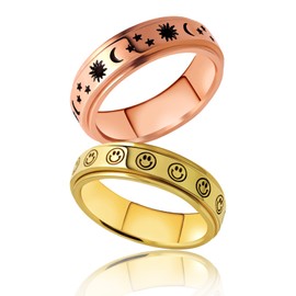 Anxiety Ring for Women Spinner Spinning – 6mm Stainless Steel Spinner Rings Set for Girls Ladies Moon Stars Smiley Face Spin Spinny Rings Pack Fidget Ring for Stress Anxiety Relief Jewelry Size 8