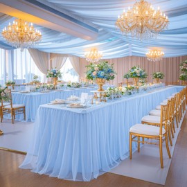 Baby Blue Tablecloth for 6 Foot Rectangle Table, Light Blue Tablecloth Tulle Table Skirt Baby Shower Table Cover 6 Foot Tables Desk Skirt Party Wedding Banquet Elastic Stretch Ruffle Fitted Tablecloth