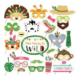 Kristin Paradise 25Pcs Safari Animals Photo Booth Props with Stick, Tribal Jungle Theme Selfie Props, Wild Birthday Party Supplies, Photography Backdrop Decorations