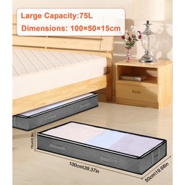 Pack of 3 90L Storage Bag, Under Bed Storage Box with Lid, Foldable Clothes Storage Bag, Storage Box with Zip and Handle, Grey
