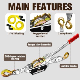 FITHOIST Come Along Winch 2 Ton Capacity with 7.54FT Steel Cable Heavy Duty Come Along Tool with Dual Gears 2 Hooks with Two 1"x8FT Lifting Straps Hand Winch Tool for Road Vehicle Recovery and Pulling