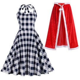 IBTOM CASTLE Women Adult Mrs Santa Claus Dress Up Costume Sleeveless Plaid Dress with Velvet Cloak Christmas Family Mathcing Outfit Adult Dress+Cape L