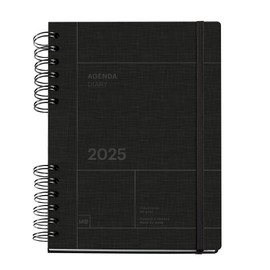 Miquelrius - 2025 Calendar Size 155 x 213 mm Week to View Card Cover Sustainable Paper 100gsm Rubber Closure Spanish English Portuguese Black
