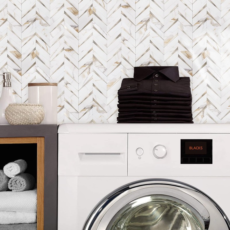 STICKGOO 10-Sheet Herringbone Tile Peel and Stick Backsplash, Calacatta Marble