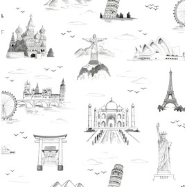 WallPops! Landmark Travelers Toille Black Novelty Peel & Stick Wallpaper