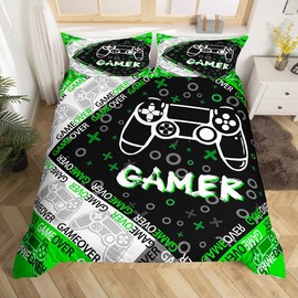 Kids Video Games Gamer Duvet Cover Set for Boys Teens Green and Black Gaming Bedding Set Video Game Gaming Comforter Cover Stylish Geometric Bedding & Linen With 1 Pillowcase 2Pcs Single Size