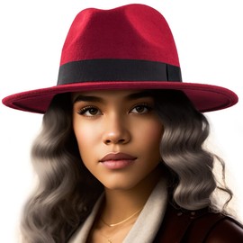 LADYBRO - Sombreros Fedora para mujer, sombrero de ala ancha, incluye 3 cinturones decorativos, fieltro de lana, 58 cm ajustable Fedora lana rojo vino