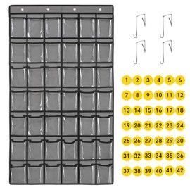 SAVERHO 42 Pocket Classroom Pocket Chart for Cell Phones and Calculator,Clear Cellphone Pocket Chart for Classroom with Number Sticker and Hooks (Grey-42 Pockets)