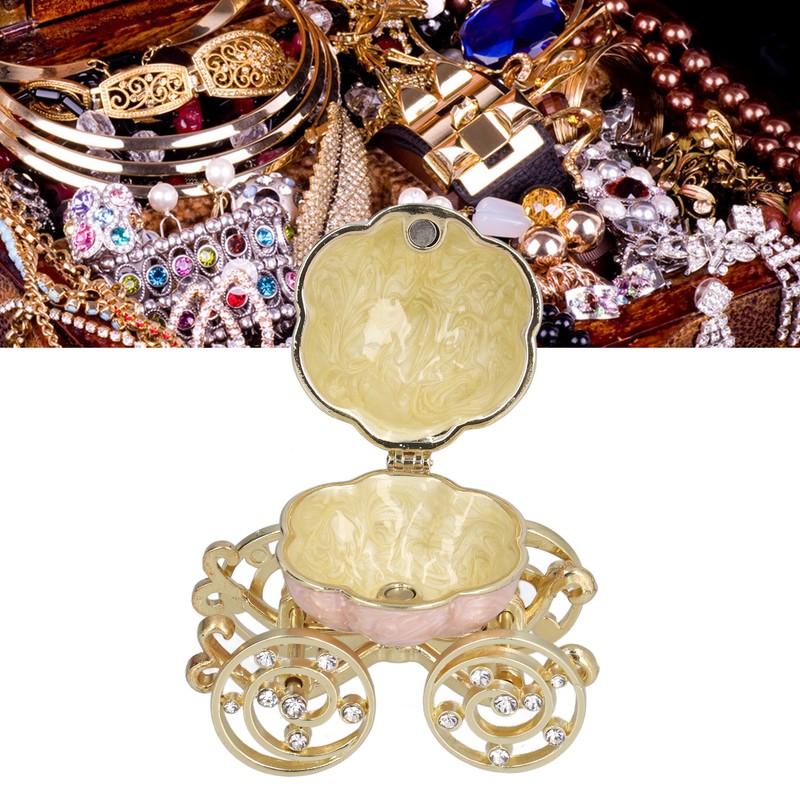 Jewelry Organizer White Golden Pumpkin Carriage Shape Rhinestone Storage Box